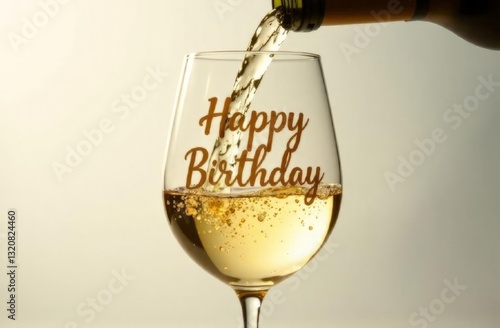wine glass with the words 'Happy Birthday' in moment of white wine being poured from a bottle above, on light background