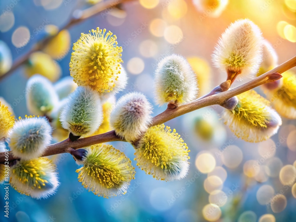 Fototapeta premium Close-Up Panoramic of Fluffy Willow Buds, Soft Blurred Background - Spring Nature Photography
