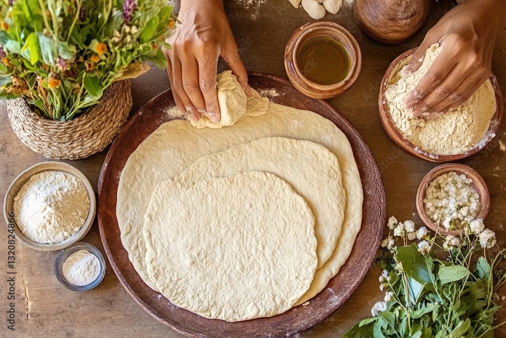 Fototapeta premium Hands Kneading Dough for Flatbreads on a Wooden Surface With Simple Ingredients in Bright Natural Light
