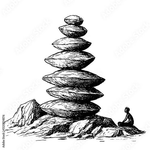 Elevating tranquility through ancient stone stacking, a meditative moment captured in engraved artistry