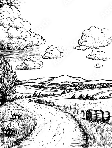 Engraved illustration showcasing a tranquil rural pathway through expansive fields beneath a cloudy sky