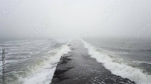 Long, narrow pier extending into the ocean. the pier is made of concrete and is covered in a thick layer of fog. the water is choppy and turbulent, with small waves crashing onto the shore.