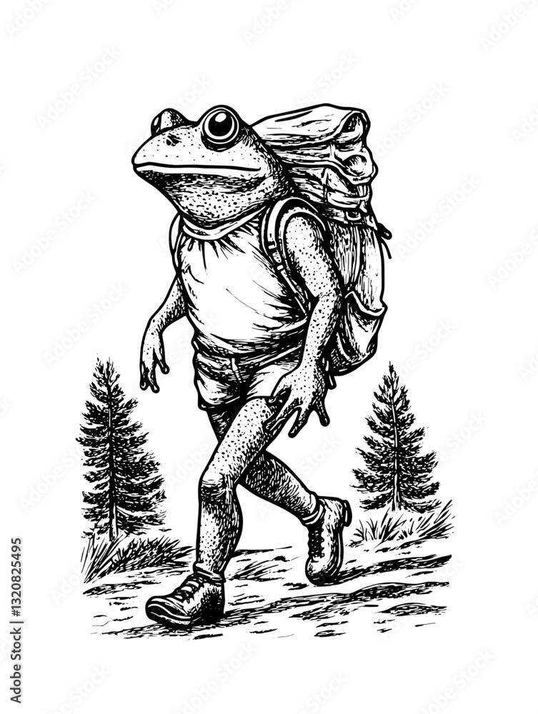Quirky frog on a hiking adventure through a forest with a backpack under clear skies Quirky frog on a hiking adventure through a forest with a backpack under clear skies