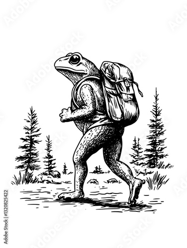 Engraved illustration of a frog hiking through a forest with a backpack in a whimsical style for tattoo or packaging design