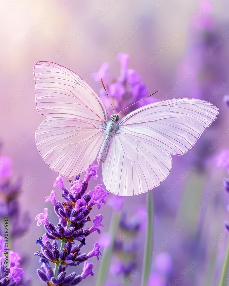 Naklejka premium A delicate white butterfly rests on vibrant lavender flowers, creating a serene and colorful nature scene.