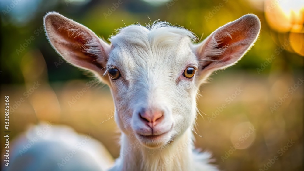 Fototapeta premium Close-up Portrait of a White Baby Goat, Adorable Farm Animal Photography