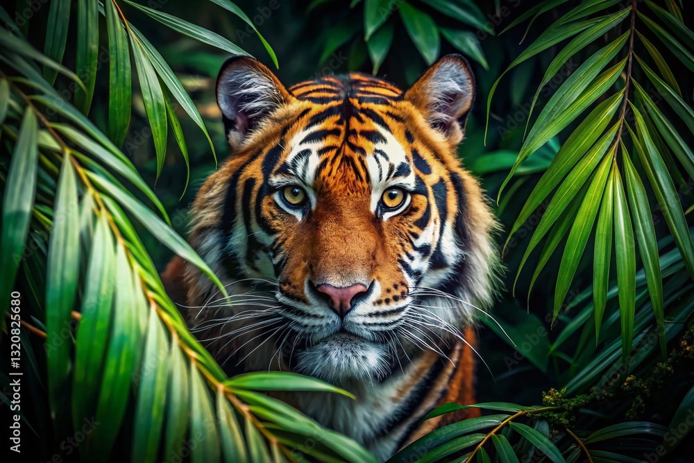 Close-Up Portrait of a Tiger Hidden in Lush Jungle Foliage Close-Up Portrait of a Tiger Hidden in Lush Jungle Foliage