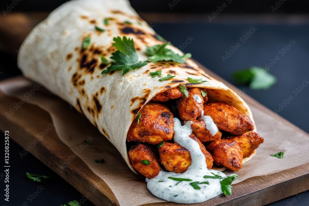 Tasty Chicken Wrap with Fresh Herbs and Tangy Sauce on Wooden Cutting Board Tasty Chicken Wrap with Fresh Herbs and Tangy Sauce on Wooden Cutting Board