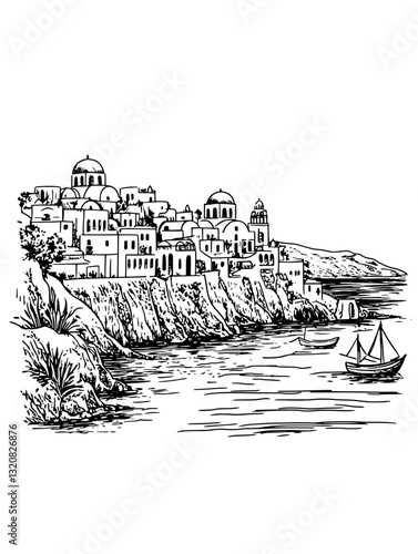 Engraved illustration of a serene coastal village with traditional architecture and boats along the shoreline at sunset