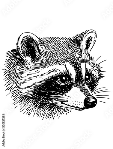 Engraved raccoon illustration for tattoo design and packaging with detailed line work and vintage style