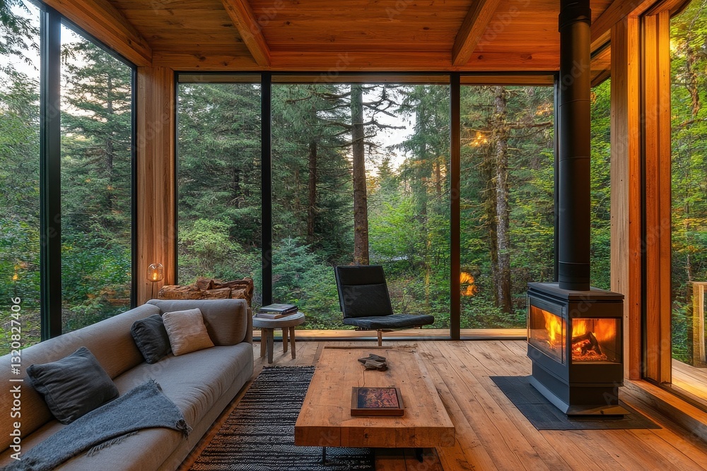Fototapeta premium Cozy secluded lodge in the forest featuring a warm wood-burning stove, perfect for a peaceful retreat.