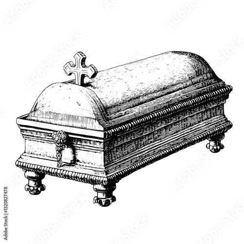 Engraved vector illustration of a historic coffin design, perfect for tattoo ideas and creative packaging applications