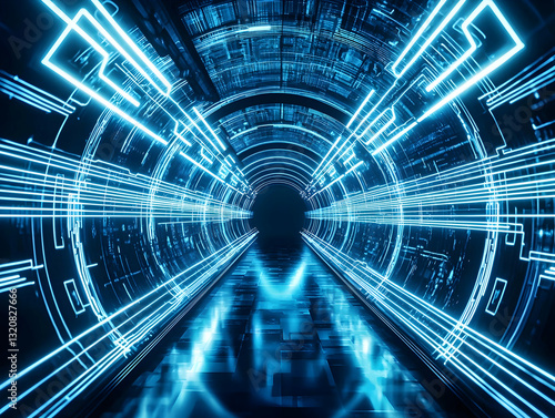 Blue neon tunnel forms an abstract tech background, mimicking an underground path with glowing reflections. photo