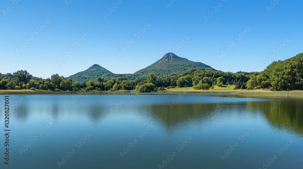 Obraz premium A scenic lake nestled in the green hills near the Auvergne volcano, reflecting the clear blue sky.