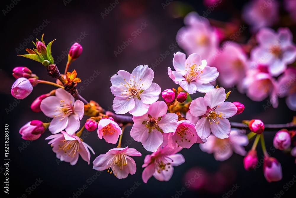 Obraz premium Close-Up Tilt-Shift Cherry Blossom Bloom on Black Background - Serenity in Nature