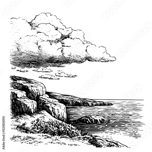 Engraved coastal landscape showcasing cliffs and clouds in a serene coastal setting for artistic tattoo and packaging design