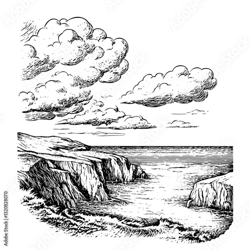 Intricate vector illustration of a coastal landscape featuring engraved cliffs and emotive clouds above the serene sea