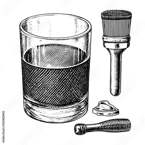 Engraved vector illustration of a vintage cocktail glass with bar tools perfect for tattoo art and packaging designs