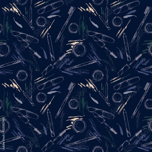 Make-up mascara tube smudge brush eyebrow eyelash pencil crayon liner. Isolated seamless pattern, detailed line vector sketch, hand drawn in ink. Beauty parlor, packaging, cosmetics shop illustration