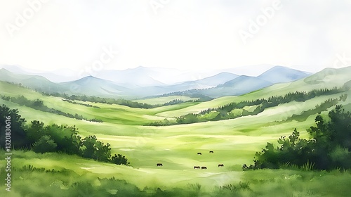 Serene green landscape with rolling hills and gentle light.