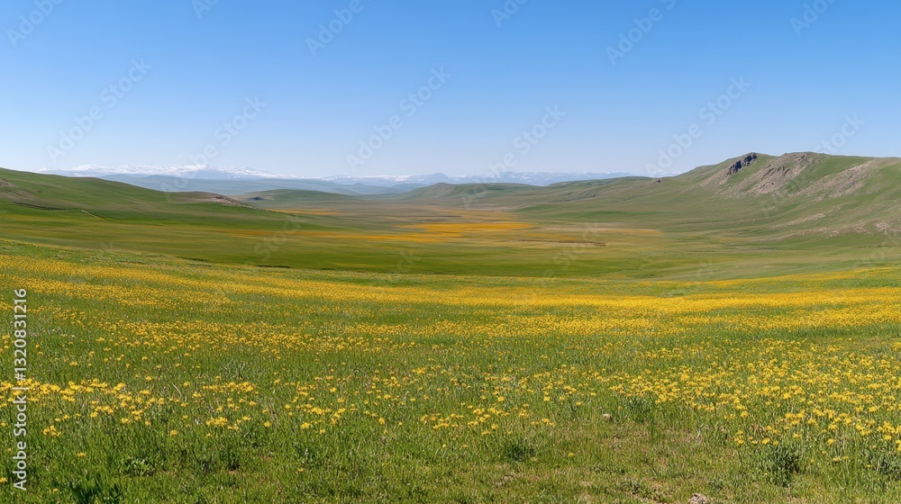 Fototapeta premium A stunning field of golden canola flowers stretching under the vast, clear spring sky.