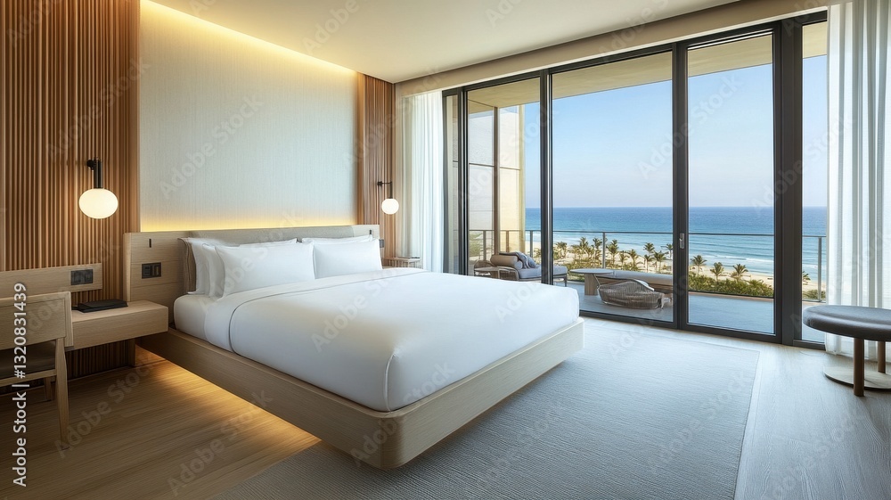 Fototapeta premium Chic modern hotel room featuring a king-sized bed and minimalist furniture for a serene getaway.