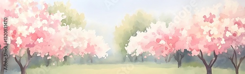 Blossoming pink trees in a serene, misty landscape create a tranquil atmosphere.