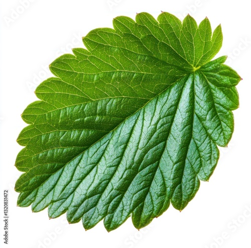 Detailed View of a Fresh Green Strawberry Leaf on White Background