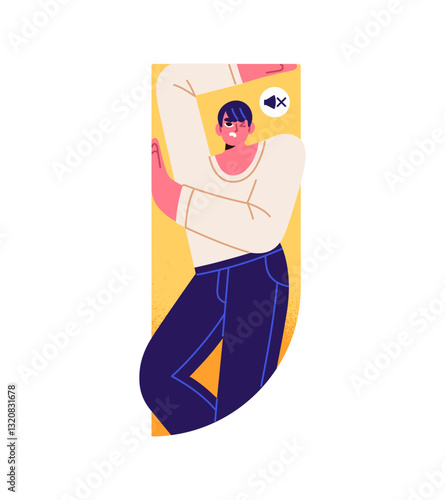 Sad employee with sound off at video conference, call, muted to give feedback. Bad connection, problems with communication by online meeting. Toxic teamwork. Flat isolated vector illustration on white