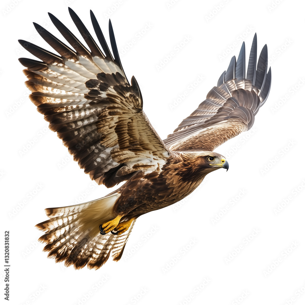 Obraz premium A majestic hawk soaring through the air, wings fully spread, with sharp talons extended on transparent png background. Ai generated