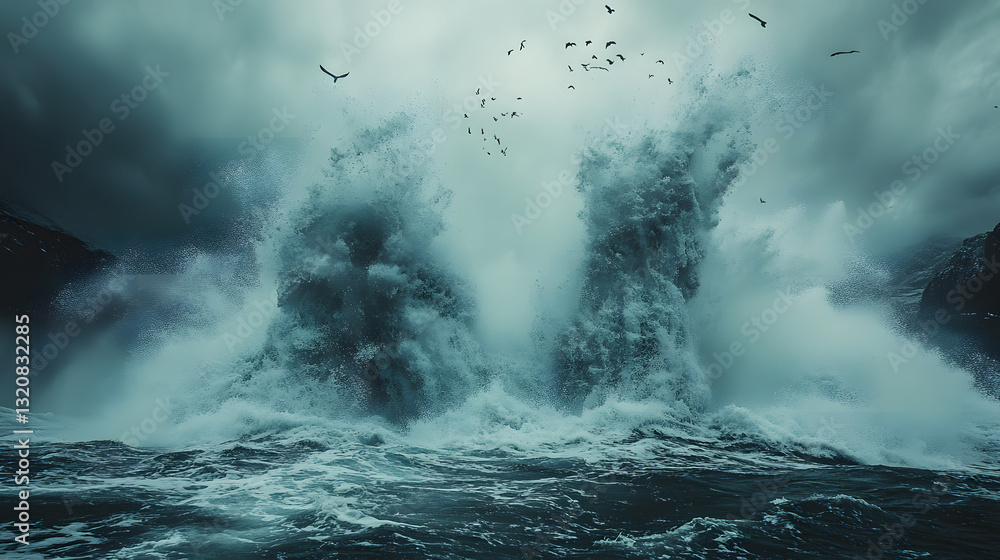 Obraz premium A massive calving glacier crashing into the ocean in Greenland, sending up sprays of water and ice, with seabirds circling above the dramatic Arctic scene.