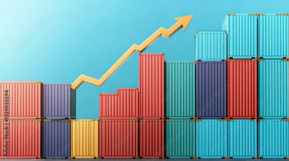 Impact Global Growth commerce concept. Colorful shipping containers with an upward trend arrow representing growth. Impact Global Growth commerce concept. Colorful shipping containers with an upward trend arrow representing growth.