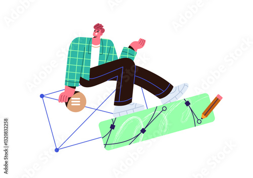 Web designer creates user interface. Creative worker, digital artist drawing lines, UX UI elements for app. Website design, project redesign concept. Flat isolated vector illustration on white