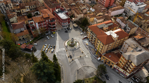 Bild auf Leinwand Aerial view of the Fontana Luminosa, an important fountain in the historic center of L'Aquila, Abruzzo, central Italy