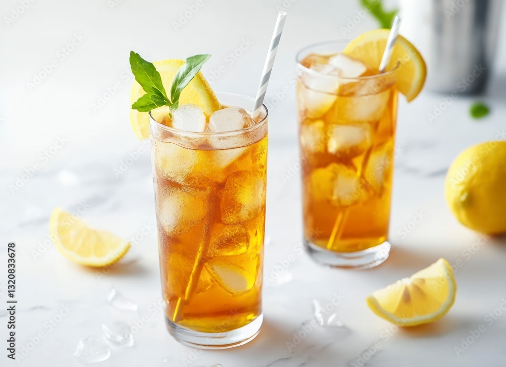 Refreshing Iced Tea with Lemon and Ice Cubes on Marble Surface Refreshing Iced Tea with Lemon and Ice Cubes on Marble Surface