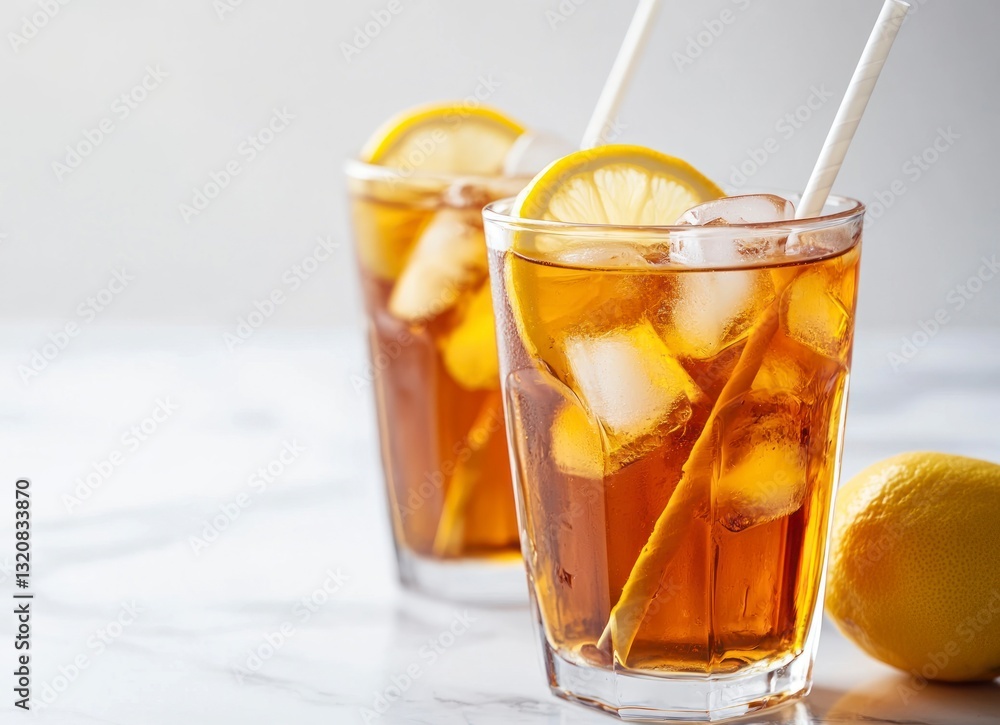 Refreshing Iced Tea with Lemon Slices and Straws on Marble Surface Refreshing Iced Tea with Lemon Slices and Straws on Marble Surface