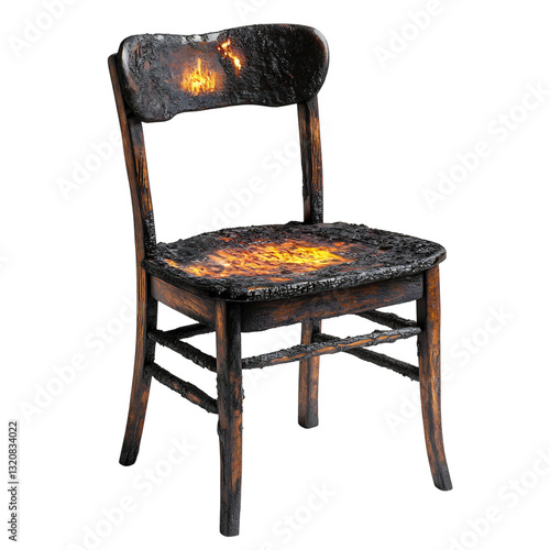 A Burnt Wooden Chair with Fire Burning Isolated on Transparent Background