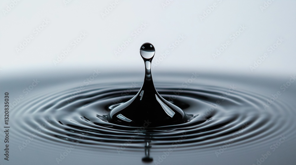 Close-up of a single drop of water falling into a pool of water. the drop is in the center of the image, with its body and head facing towards the right side of the frame. Close-up of a single drop of water falling into a pool of water. the drop is in the center of the image, with its body and head facing towards the right side of the frame.