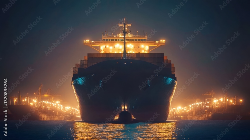 Fototapeta premium The outline of a giant cargo ship in the dark, surrounded by the glowing lights of a busy nighttime port.