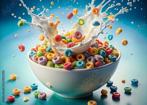 Colorful Cereal Bowl with Milk Splash - Delicious Breakfast Stock Photo