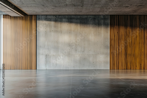 Minimalist room with concrete wall and wooden accents, offering a simple yet modern atmosphere.