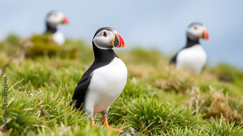 Naklejka premium Atlantic puffin at their breeding place Latrabjarg