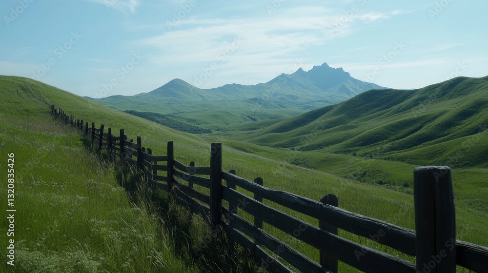 The peaceful charm of the Auvergne volcano region, with a wooden fence leading into the green hills. The peaceful charm of the Auvergne volcano region, with a wooden fence leading into the green hills.