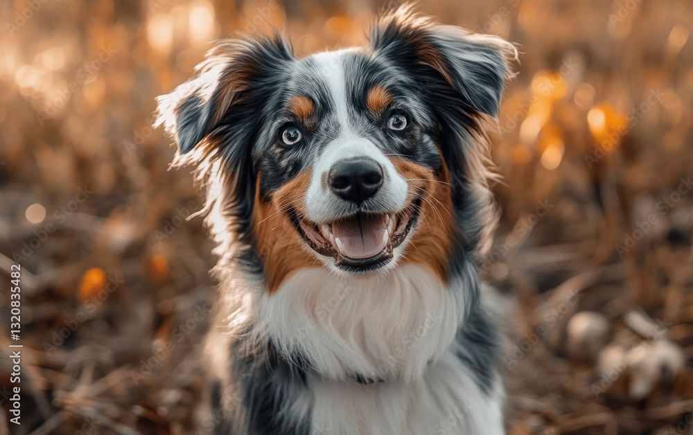 Smiling Australian Shepherd Dog Portrait in Golden Autumn Light Smiling Australian Shepherd Dog Portrait in Golden Autumn Light