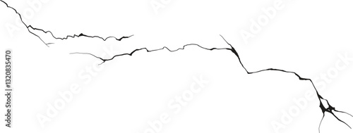 Damage surface crack and fissure in ground, concrete, crevices from disaster silhouette breaks on land surface from earthquake isolated on white background. Broken ground, wall, glass pattern effect.