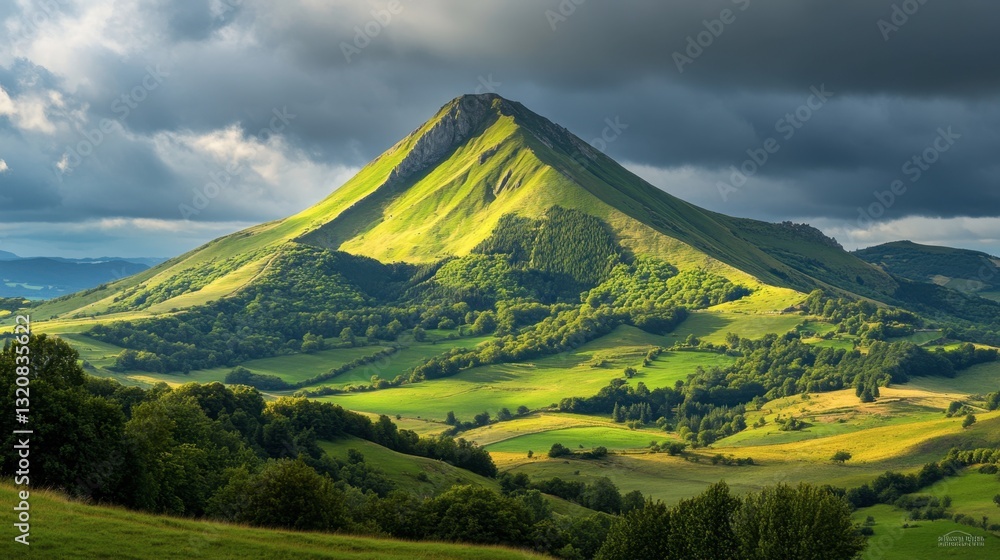 Naklejka premium The peak of the Auvergne volcano, covered in dense greenery, against a dramatic cloudy sky.