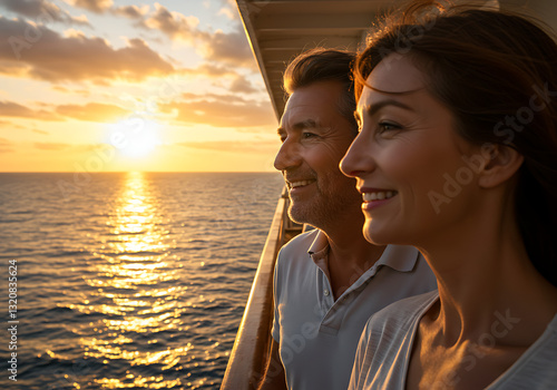Una hermosa pareja de mediana edad disfrutando del atardecer y el viento en el yate.