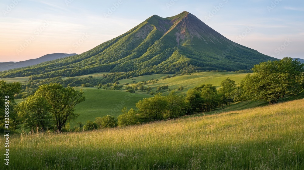 Fototapeta premium The pure natural beauty of the Auvergne volcano, with fresh green grass and tall trees.