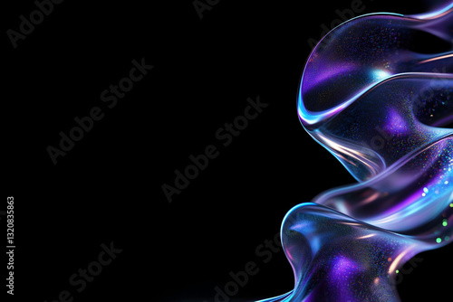 Abstract iridescent wave with blue and purple holographic reflections on black background. High-quality 4k hd thumbnail. Generative AI