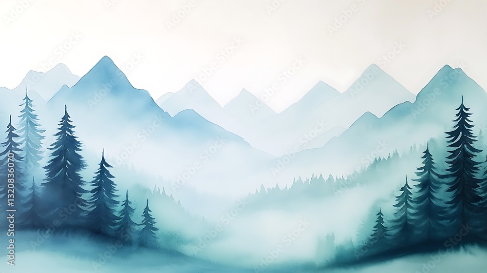 Obraz premium Misty mountain landscape with evergreen trees and soft hues.